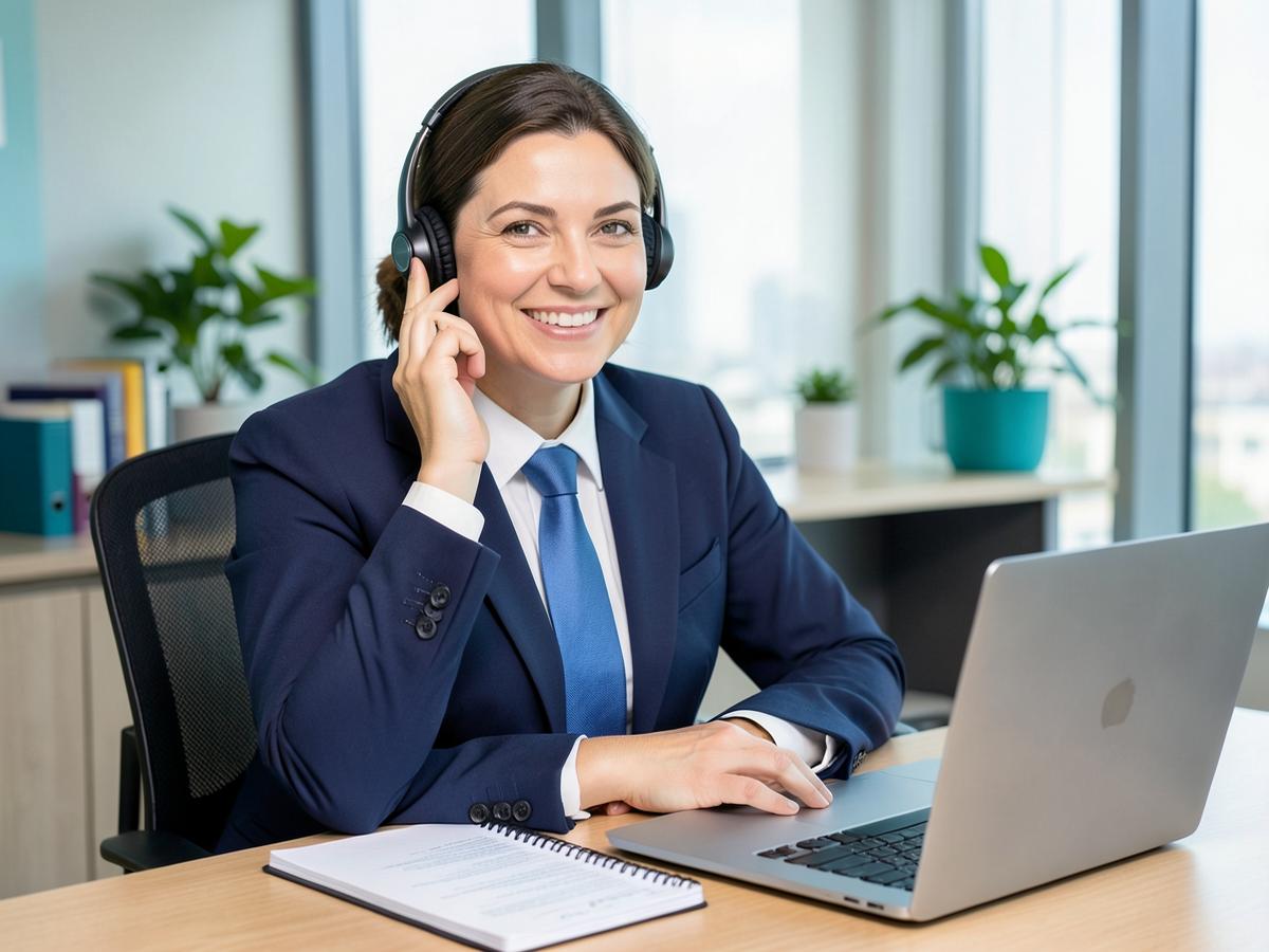 Consultant on a call at a desk with a notepad and laptop