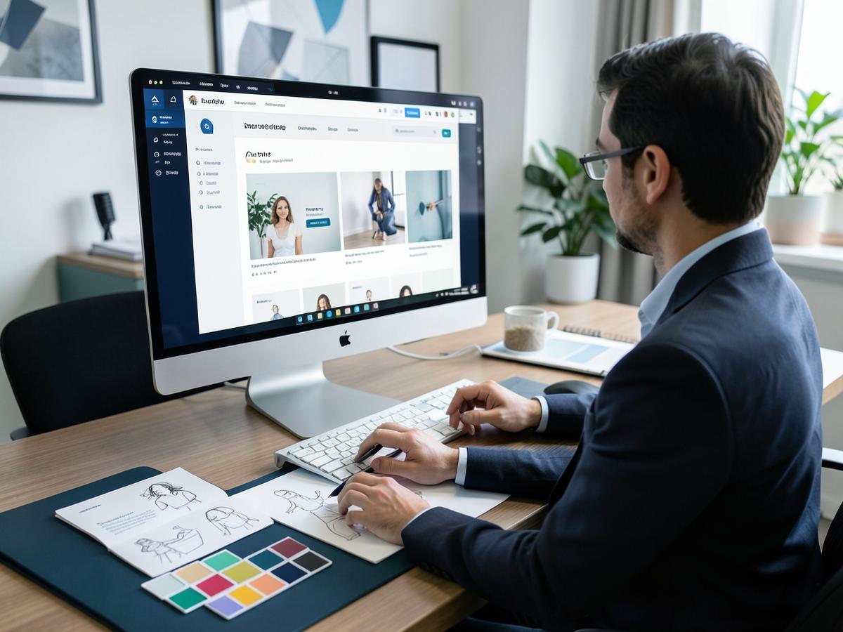 Designer sketching a website layout on paper next to a laptop
